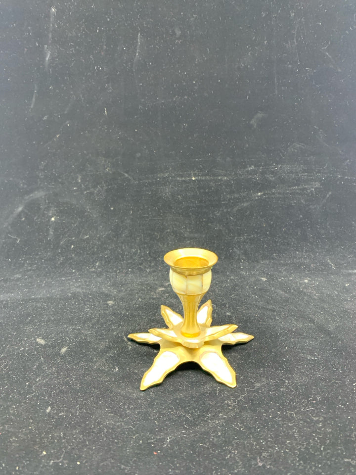 BRASS AND MOTHER OF PEARL TAPER CANDLE HOLDER.