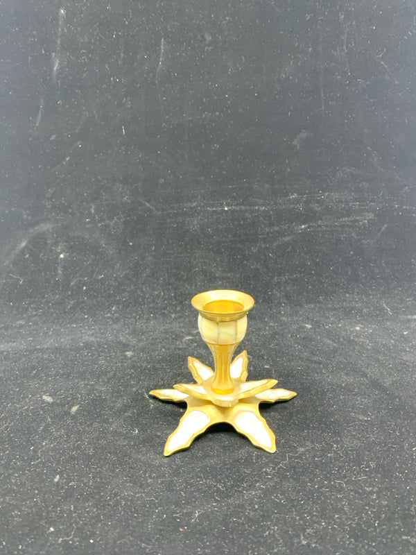 BRASS AND MOTHER OF PEARL TAPER CANDLE HOLDER.