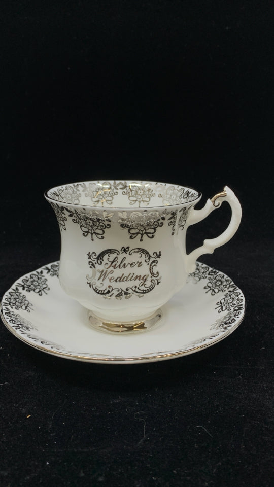 VTG SILVER WEDDING TEACUP AND SAUCER.