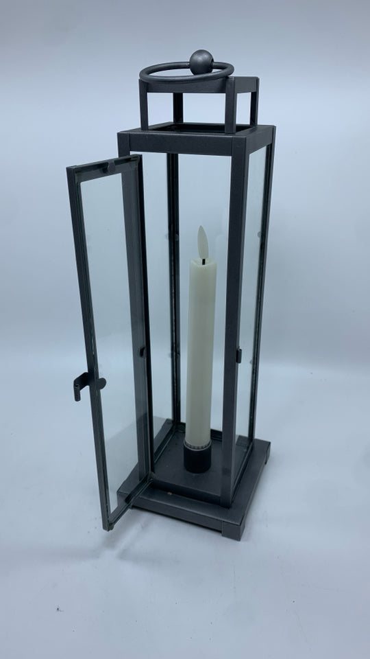 GREY METAL LAMP W/FAUX CANDLE.