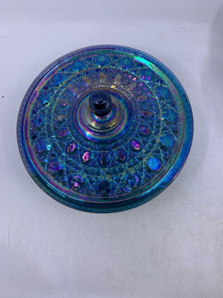 VTG BLUE CARNIVAL GLASS W/ LID.