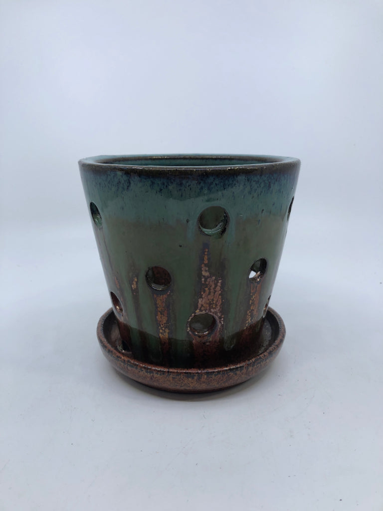 POTTERY ORCHID PLANTER BROWN, GREEN, TEAL.