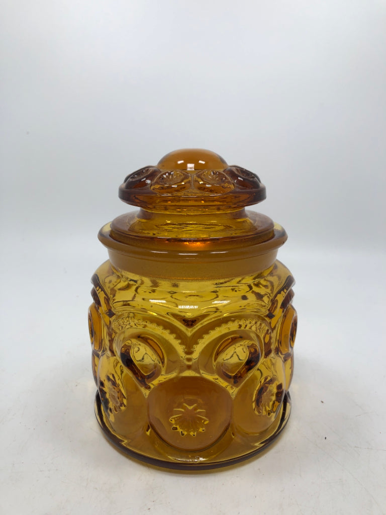 VTG AMBER GLASS MOON AND STARS CANISTER.