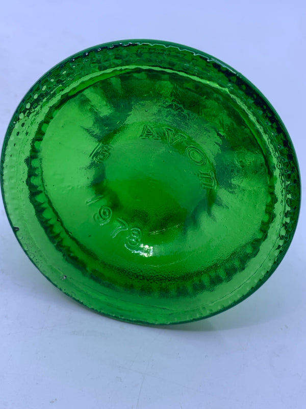 VTG GREEN GLASS PERFUME EMPTY BOTTLE WITH GOLD TOP.