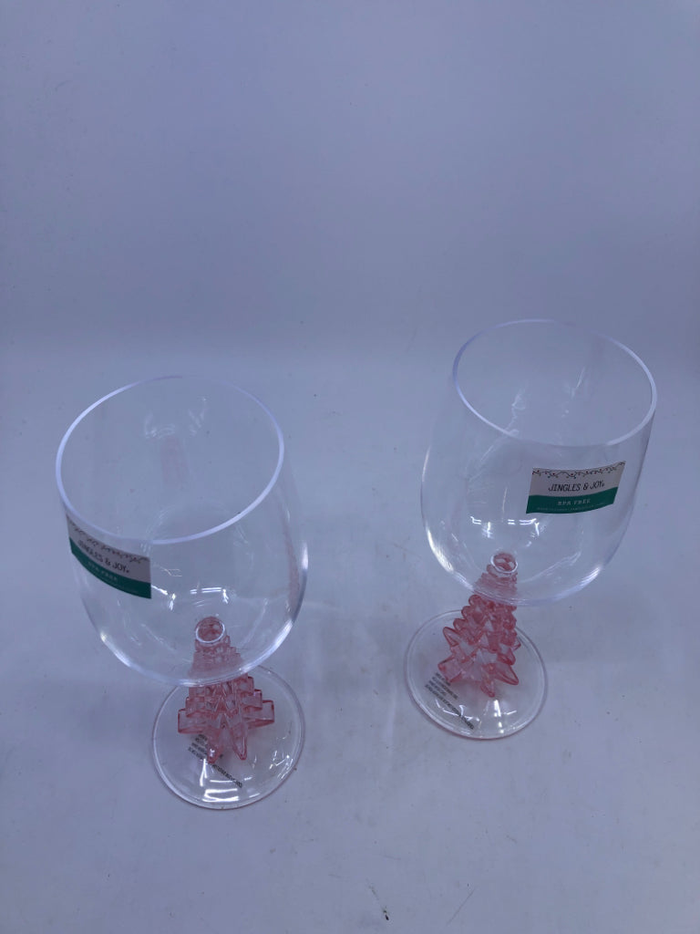 2 PINK CHRISTMAS TREE WINE GLASSES.