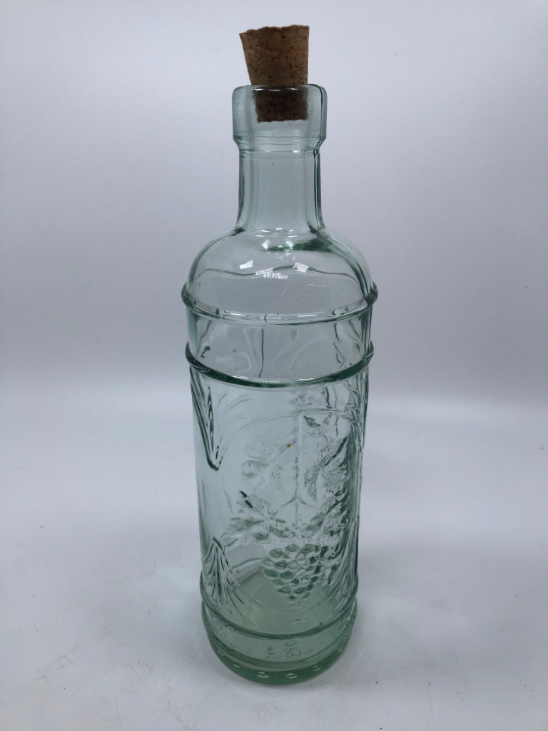 GRAPES EMBOSSED GLASS BOTTLE W/CORK.