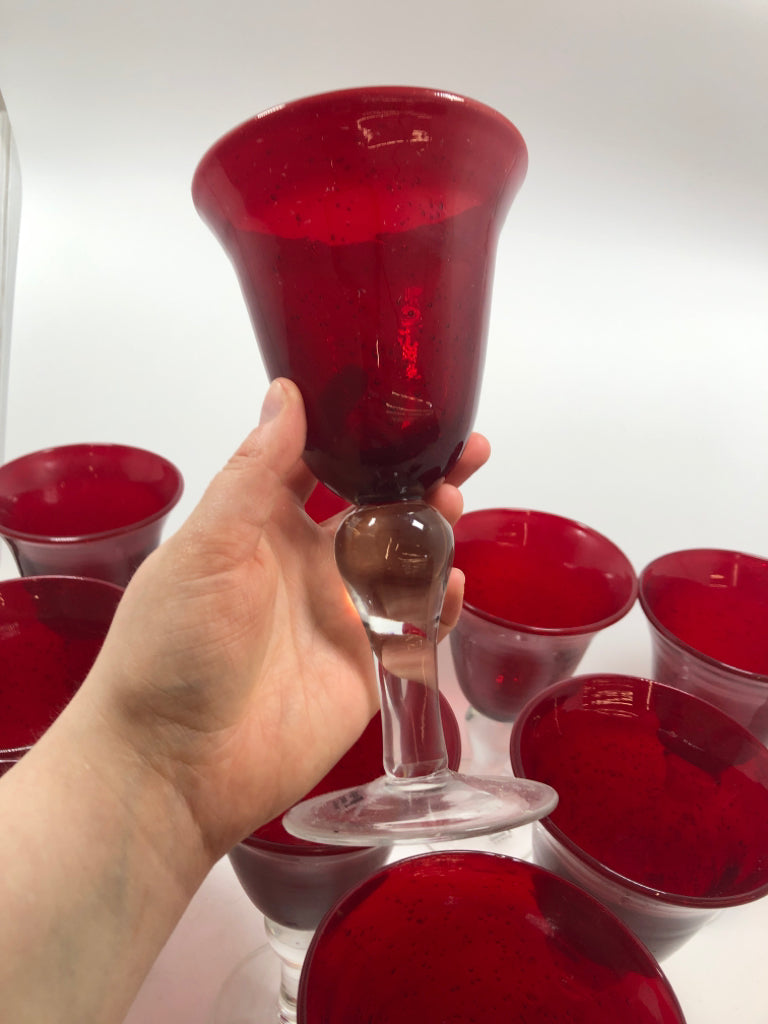 10 RED BUBBLE GLASS GOBLETS.