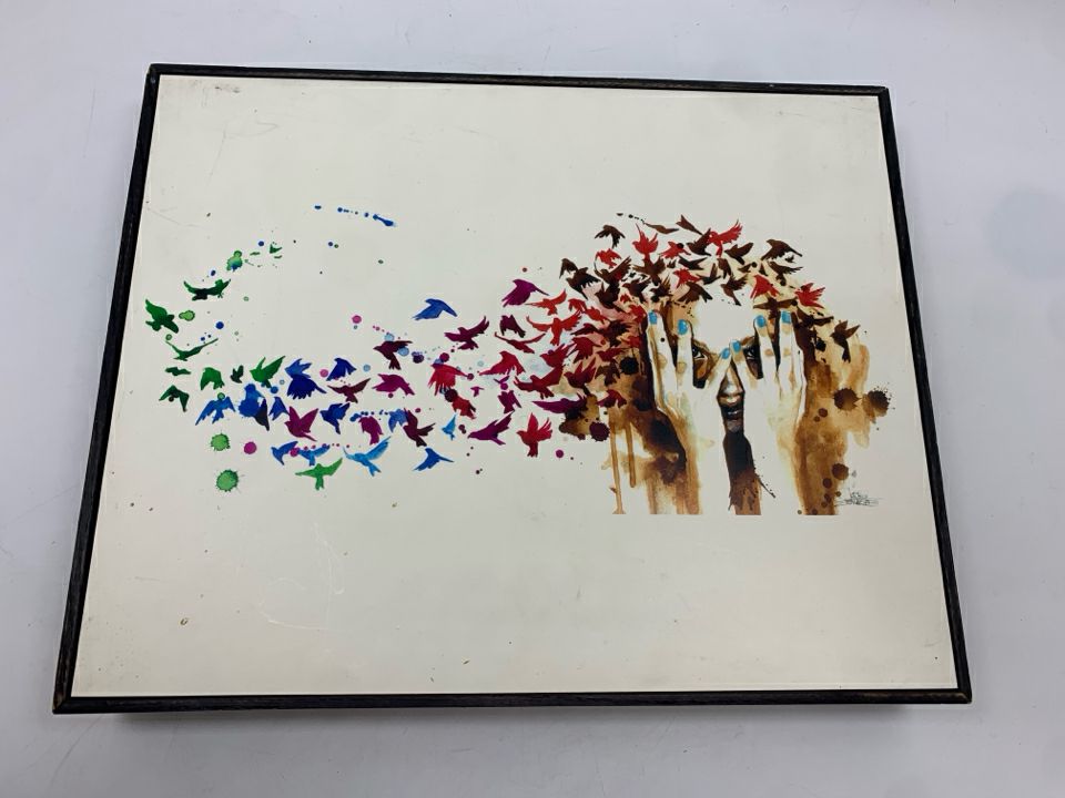 BIRDS AND HANDS WOOD BLOCK SIGN.