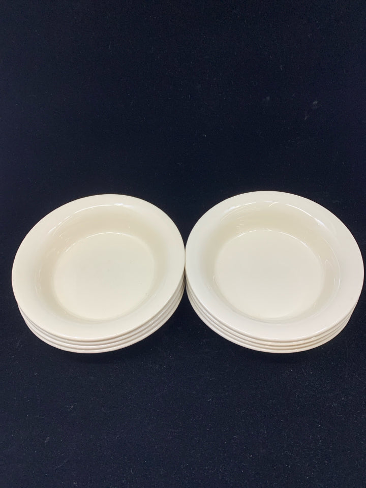 8 CREAM CERAMIC FLAT SOUP BOWLS.
