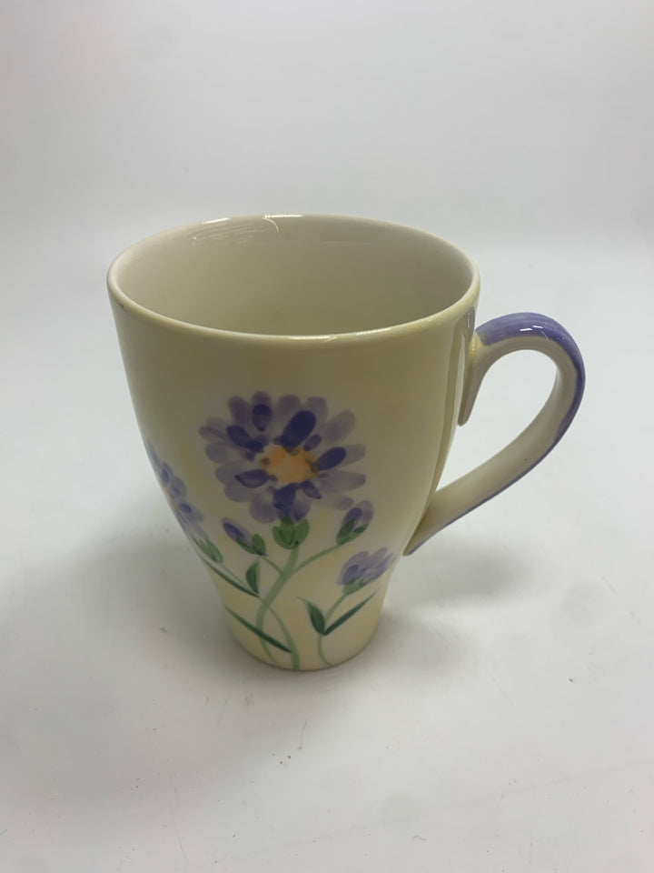 4 PURPLE FLOWER PAINTED COFFEE MUGS.