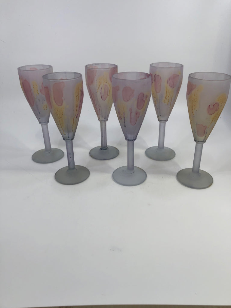 6PC VTG WATERCOLOR STYLE FROSTED GLASSES.
