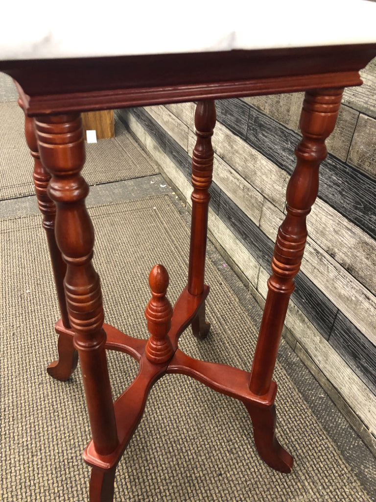 CHERRY WOOD PLANT STAND W/ MARBLE TOP.