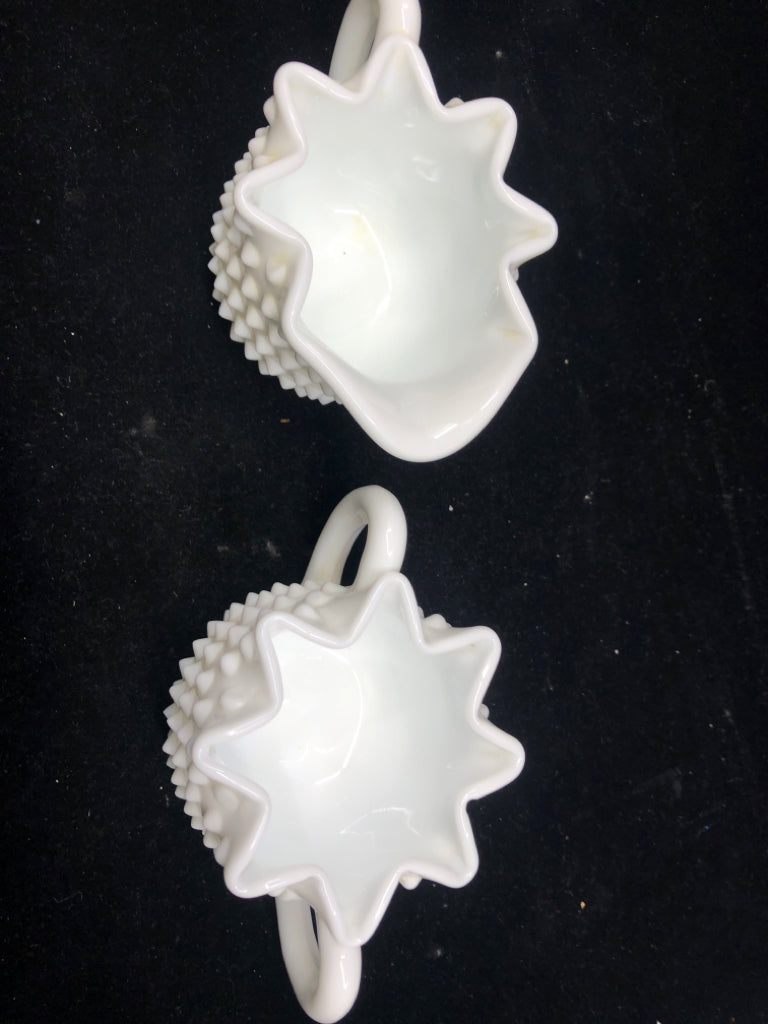 VTG STAR PATTERN RIM HOBNAIL MILK GLASS SUGAR AND CREAMER.