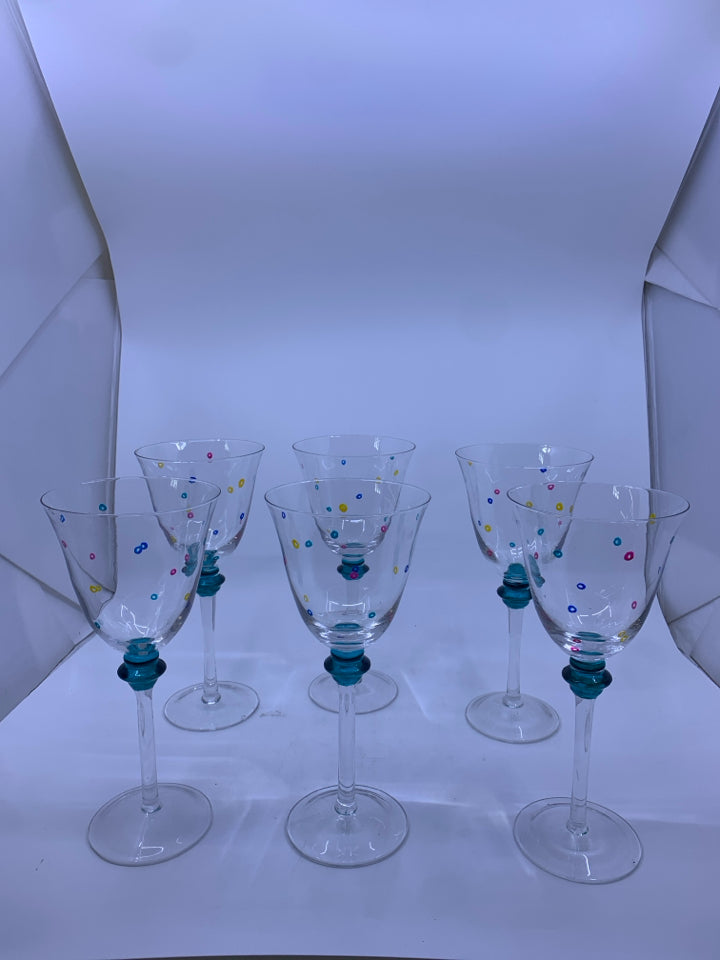 6 LIGHT WEIGHT WINE GLASSES W/ COLORED CIRCLES TOP OF STEM BLUE.