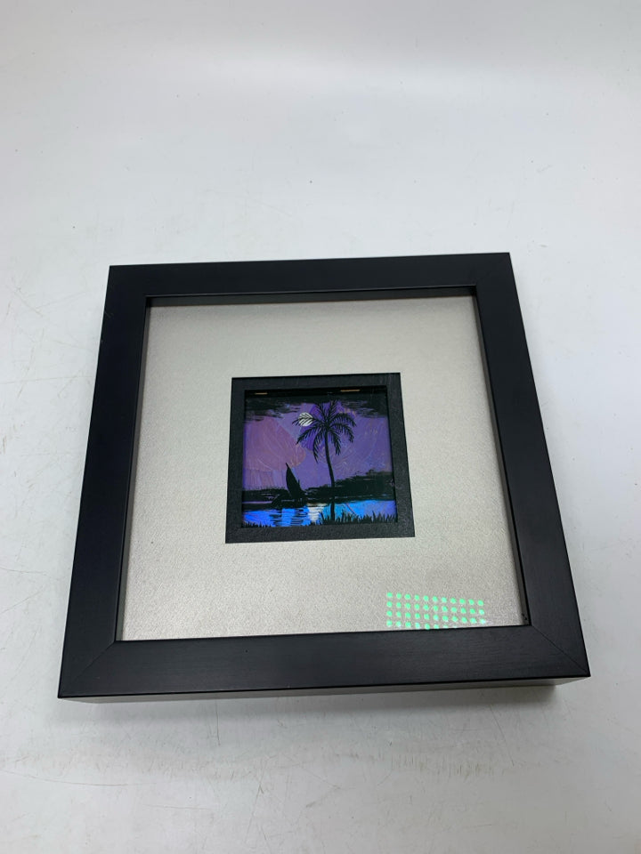 SHADOW BOX FRAME W/ PALM TREE/BOAT SCENE.