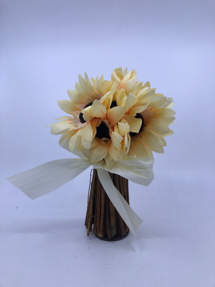 FAUX YELLOW FLORAL AND BROWN STEMS.