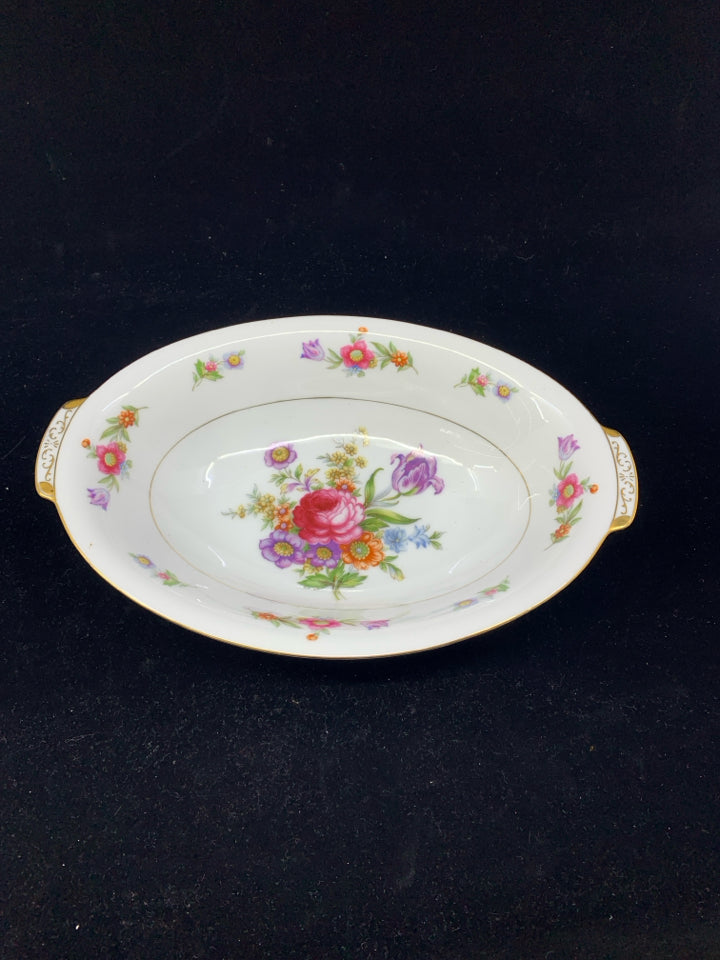 VTG WENTWORTH CHINA PINK AND PURPLE FLORAL BOWL W HANDLES.