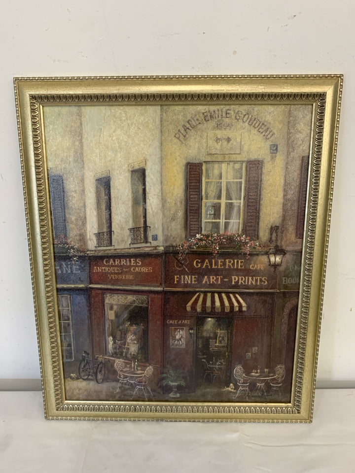 "FINE ART PRINTS" STORE FRONT PAINTING IN GOLD FRAME.