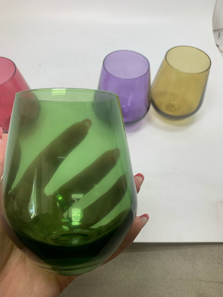 4 TUSCANY HARVEST RED WINE STEMLESS GLASSES.