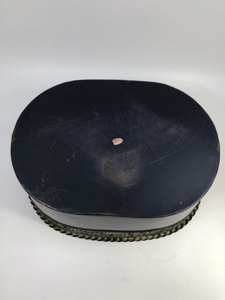 BLACK GAVANIZED BUCKET W/GREEN FLORAL TRIM.