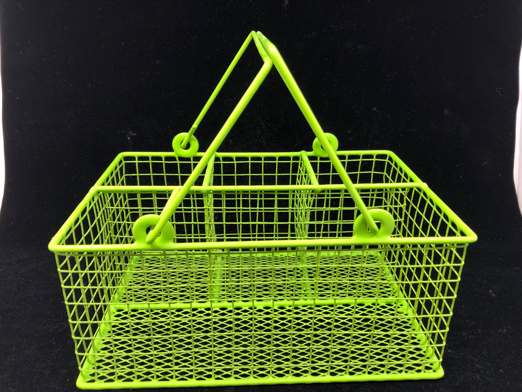 GREEN METAL UTENSIL BASKET W/HANDLES.