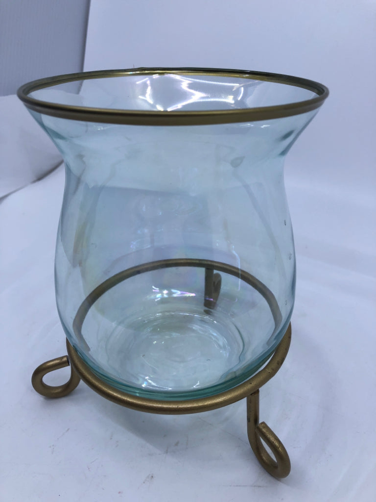 IRIDESCENT BLUE GLASS CANDLE HOLDER W/ GOLD STAND + RIM.