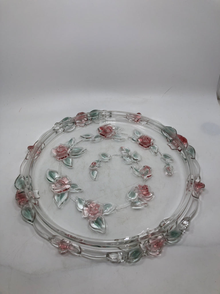 COLORED ROSE GLASS CAKE PLATTER.