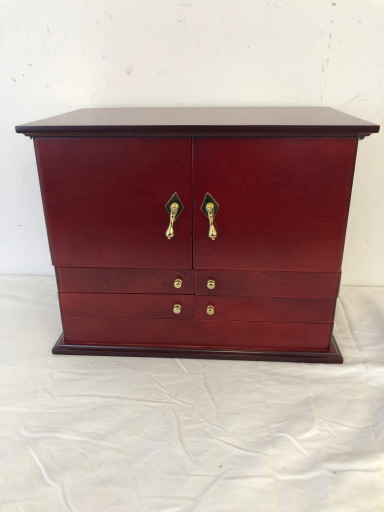 DRESSER TOP JEWELRY BOX W MIRROR AND 6 SLIDE OUT DRAWERS.