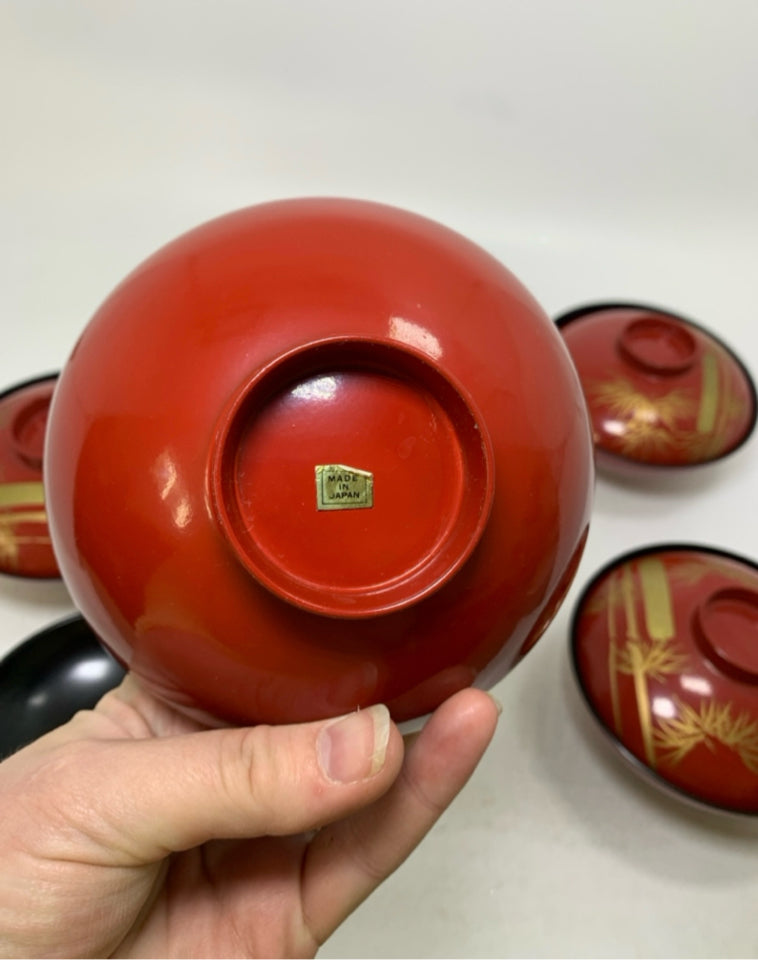 10 PC SVC 5 PLASTIC ASIAN STYLE LIDDED BOWLS W/ BAMBOO MOTIF.