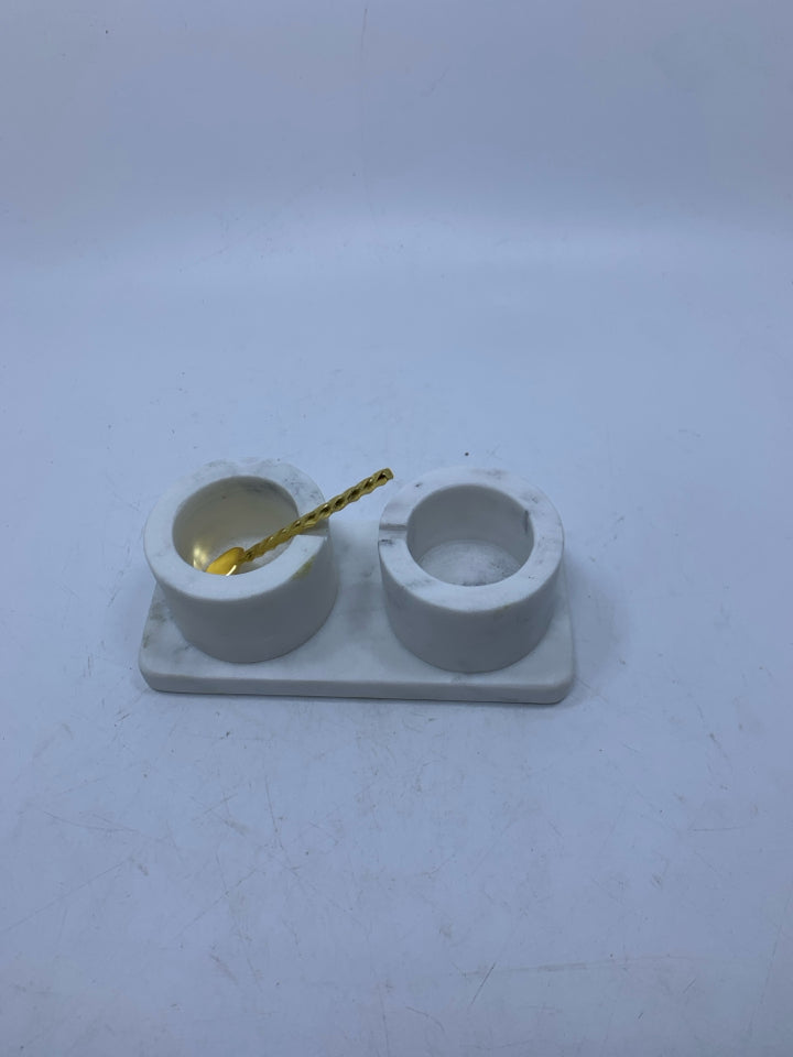 WHITE MARBLE 2 LOT SUGAR BOWL/SALT CELLAR W/ SPOON.