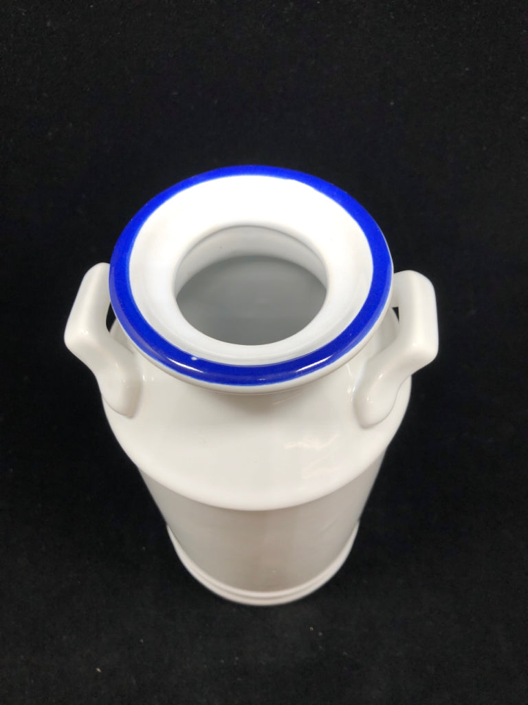 BLUE RIMMED WHITE MILK CAN VASE.