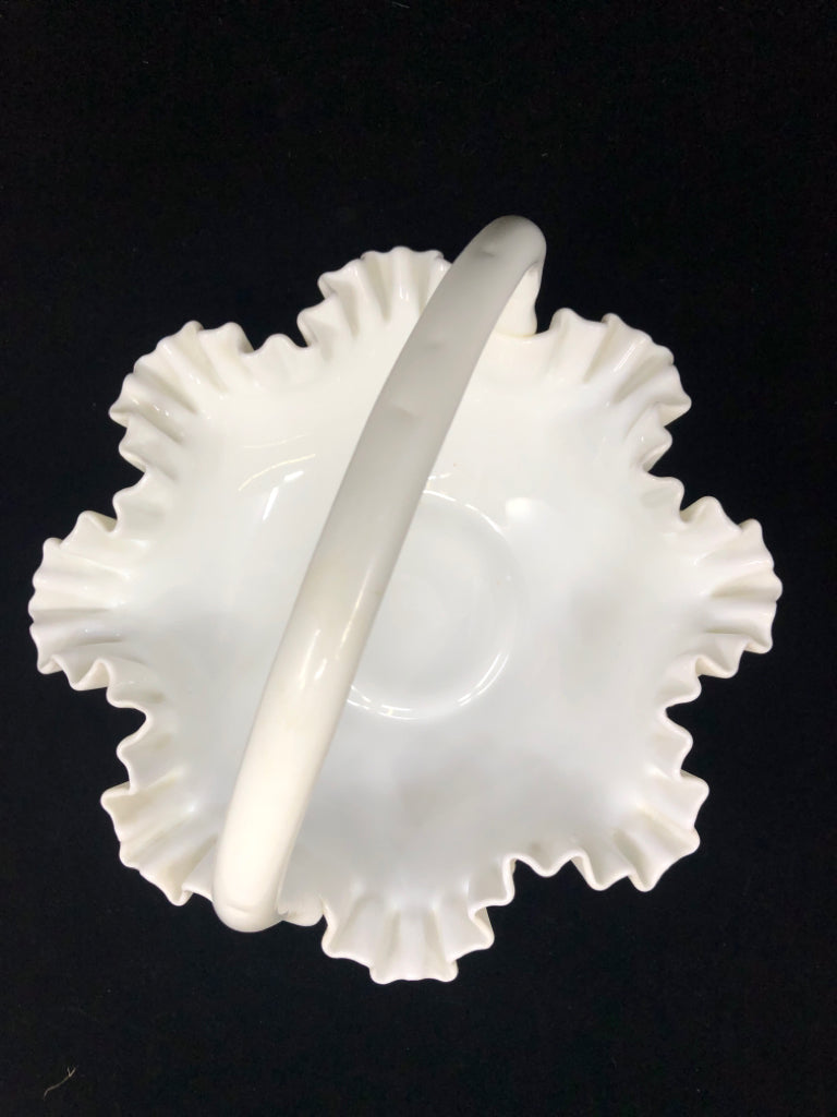 VTG HOBNAIL MILK GLASS CENTERPIECE BASKET W/RUFFLE EDGE.