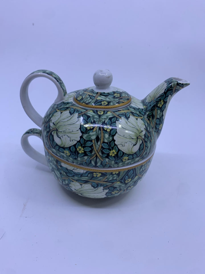 WILLIAM MORRIS TEA FOR ONE SET- WHITE/GREEN FLOWERS.
