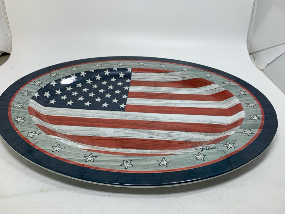MELAMINE OVAL SERVING PLATTER W/ AMERICAN FLAG.