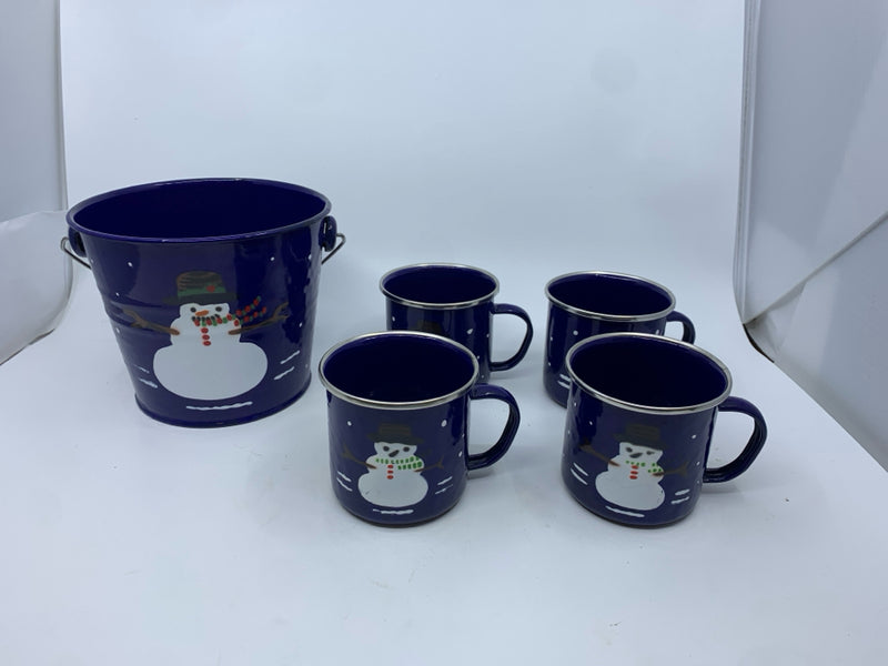 5 PC ENAMEL COBALT 4 BLUE SNOWMAN CUPS W/ ICE BUCKET.