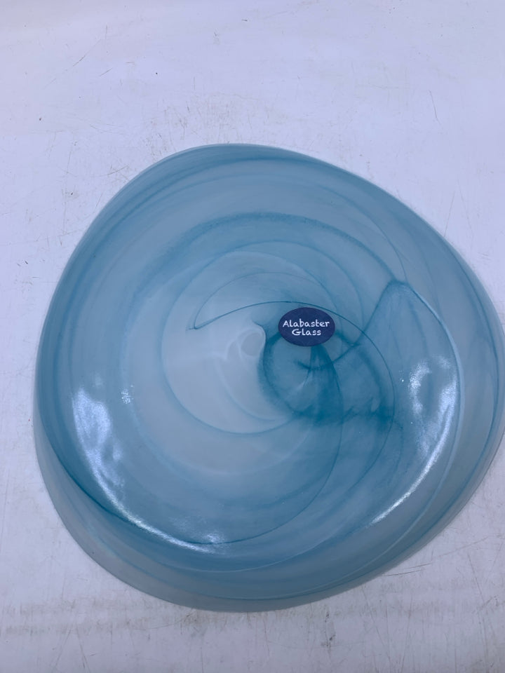 LIGHT BLUE GLASS PLATTER W/ WHITE SWIRLS.