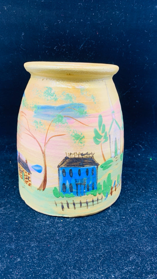 POTTERY VASE/ CROCK W PAINTED HOUSES.