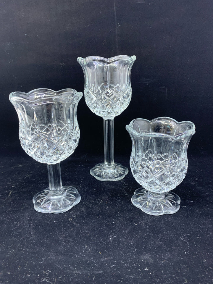 3 CUT GLASS TULIP TEA LIGHT HOLDERS.