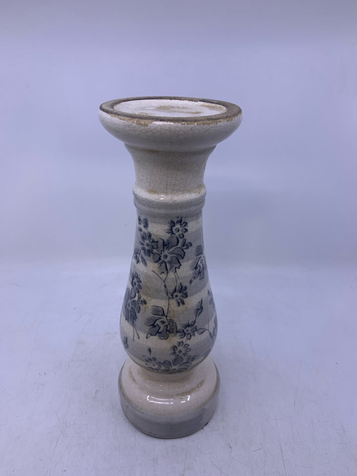 CERAMIC WHITE/GREY CRACKLE W/ FLORAL PILLAR CANDLE HOLDER.