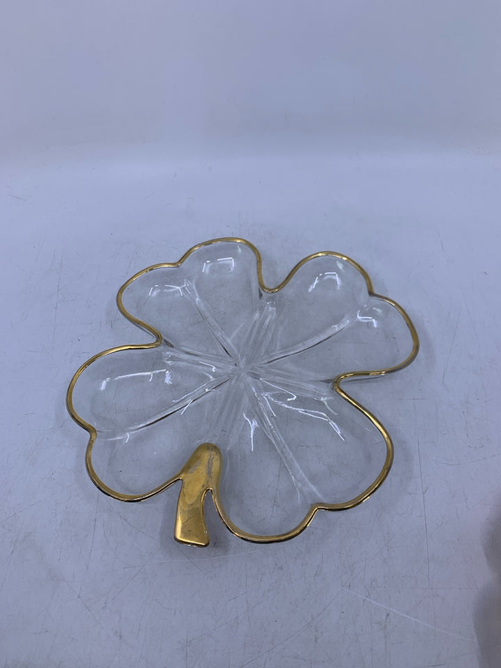 CLEAR GLASS DIVIDED CLOVER DISH W/ GOLD EDGE.