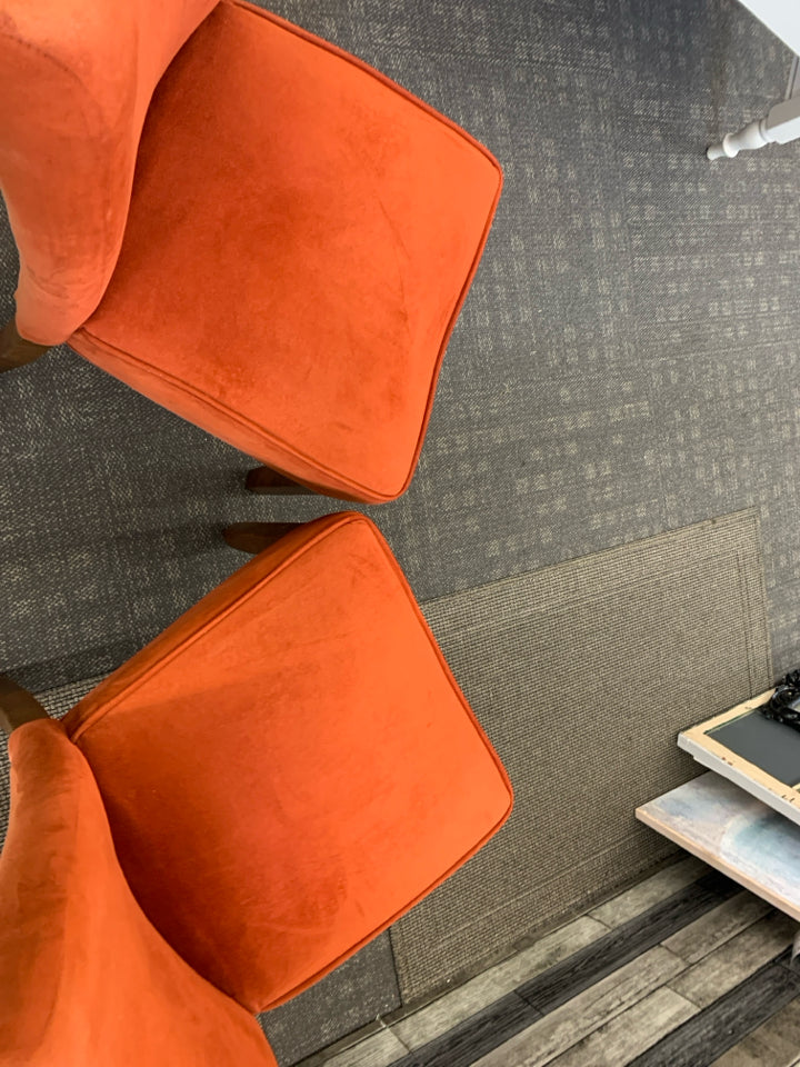 2 FAUX VELVET ORANGE ACCENT CHAIRS W WOOD LEGS.