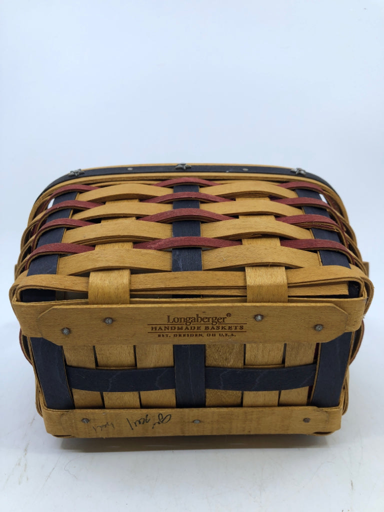 2001 ROUNDED RECTANGLE W/HANDLE BASKET RED & BLUE WEAVE SILVER STARS RED CLOTH L