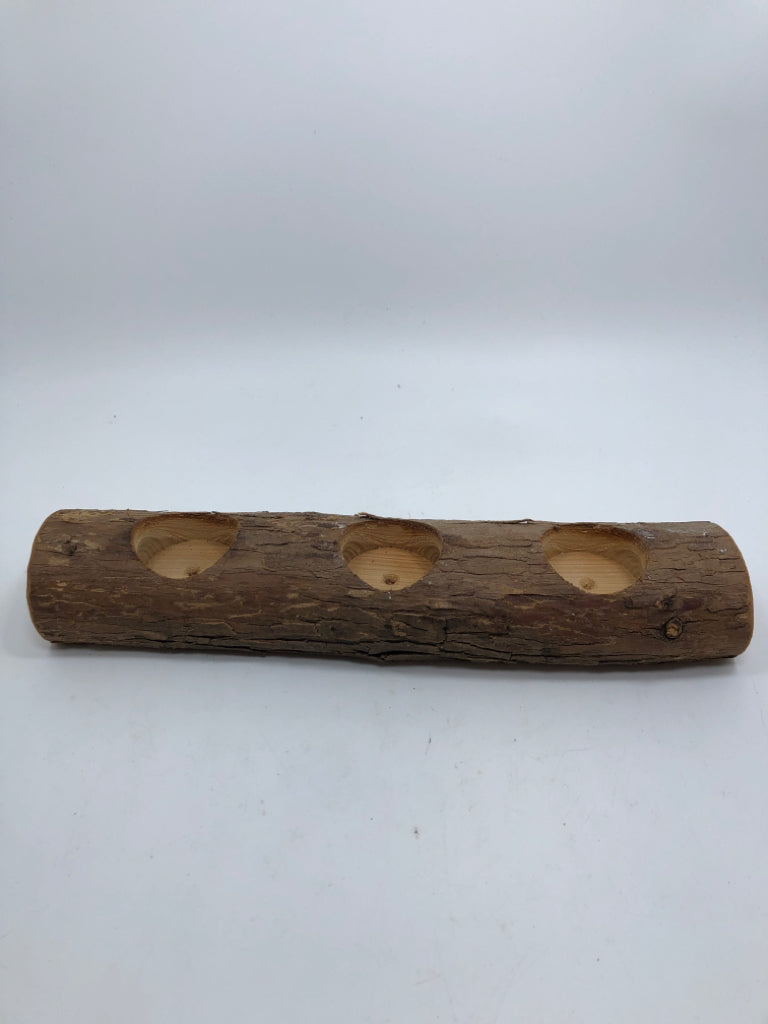 WOODEN LOG CANDLE HOLDER.