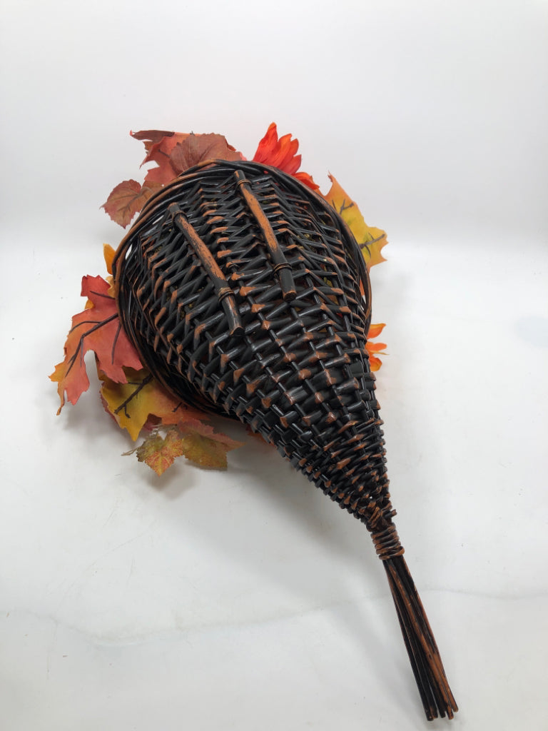 BLACK/BROWN WICKER CORNUCOPIA W/FAUX FALL LEAVES, SUNFLOWERS AND PIP.