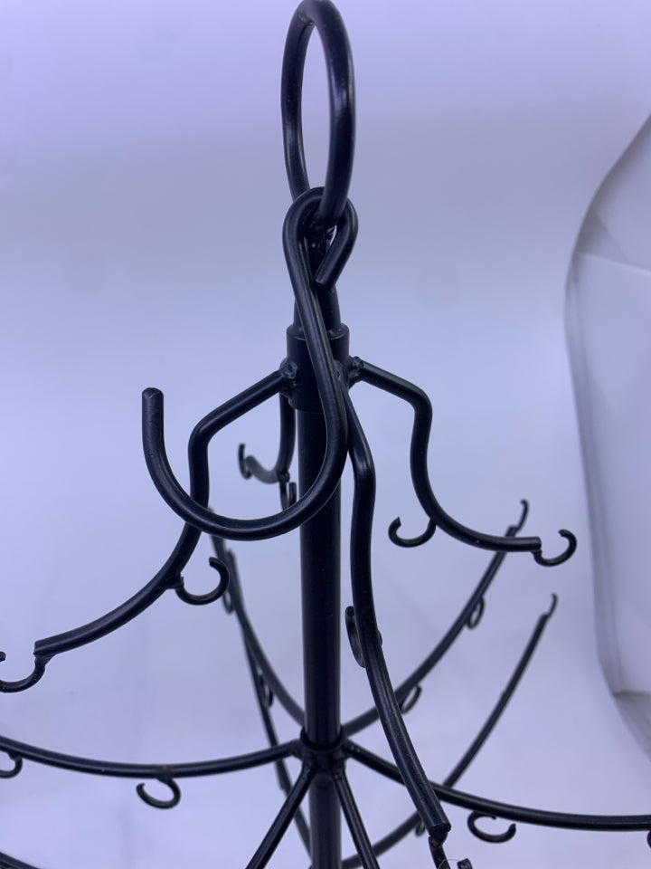 BLACK METAL MINI ORNAMENT TREE W CHRISTMAS AND HALLOWEEN ORNAMENTS.
