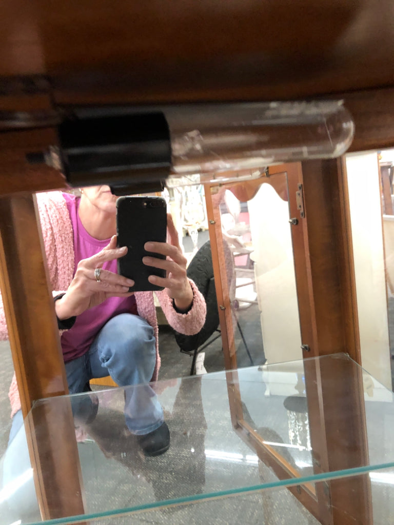 CURIO CABINET W/LIGHTS & GLASS SHELVES.