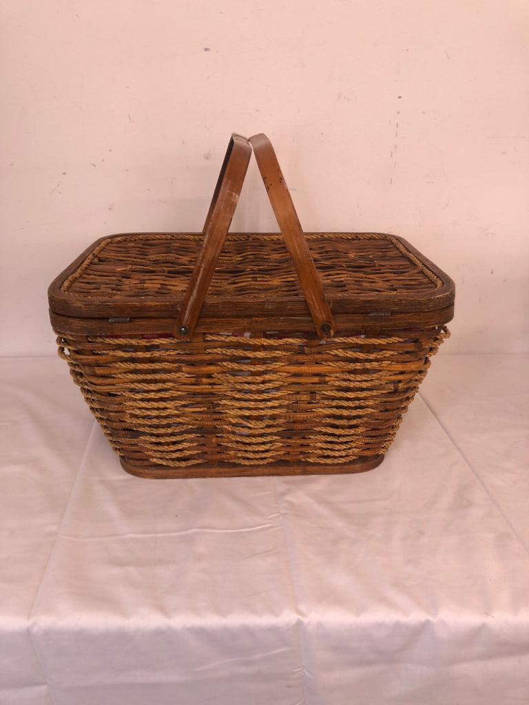 RED CHECK LINED PICNIC BASKET.