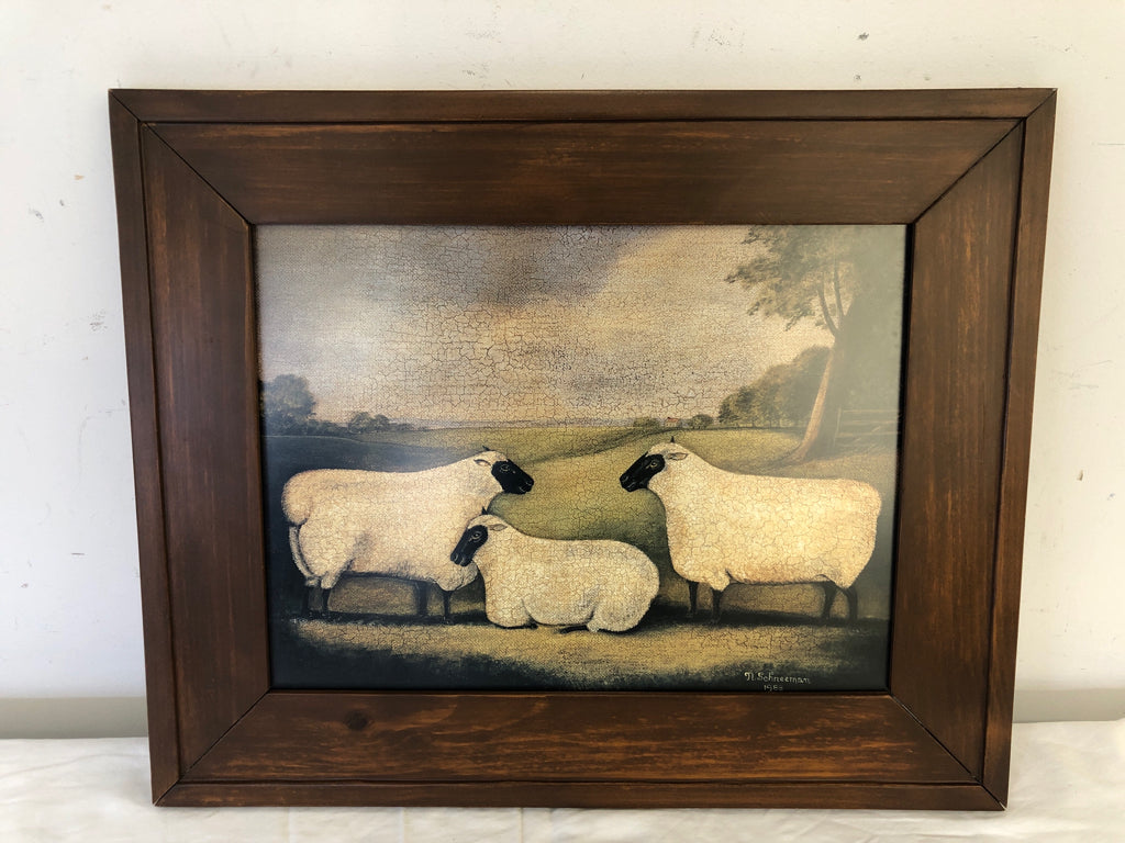 PRIMITIVE STYLE 3 SHEEP IN FIELD CRACKLE DESIGN WOOD FRAME WALL ART.