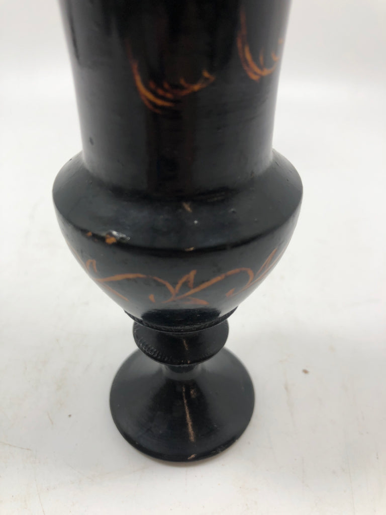VTG GREEK WOODEN VASE BLACK/GOLD PATTERN PEDESTAL.