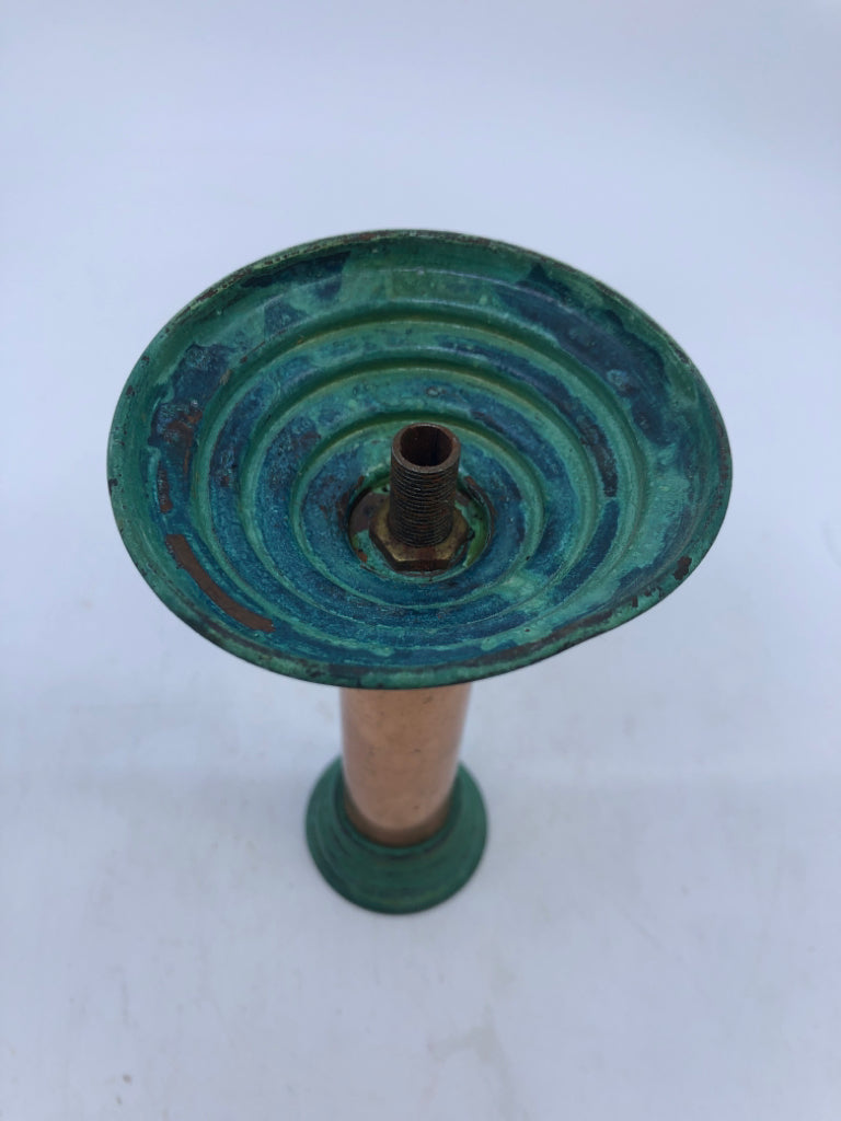 3 COPPER CANDLE HOLDERS W CANDLES.